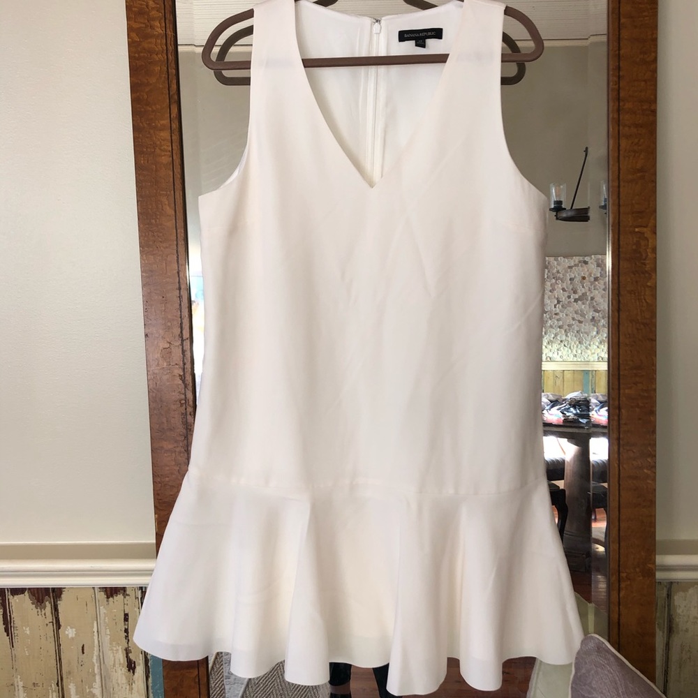 BR ivory dress w drop waist & gentle ruffled hem